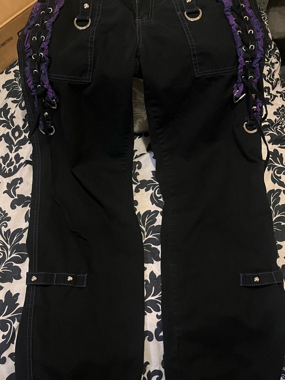 Tripp NYC Black Wide Leg Cargo Jeans with Purple Lace Accents